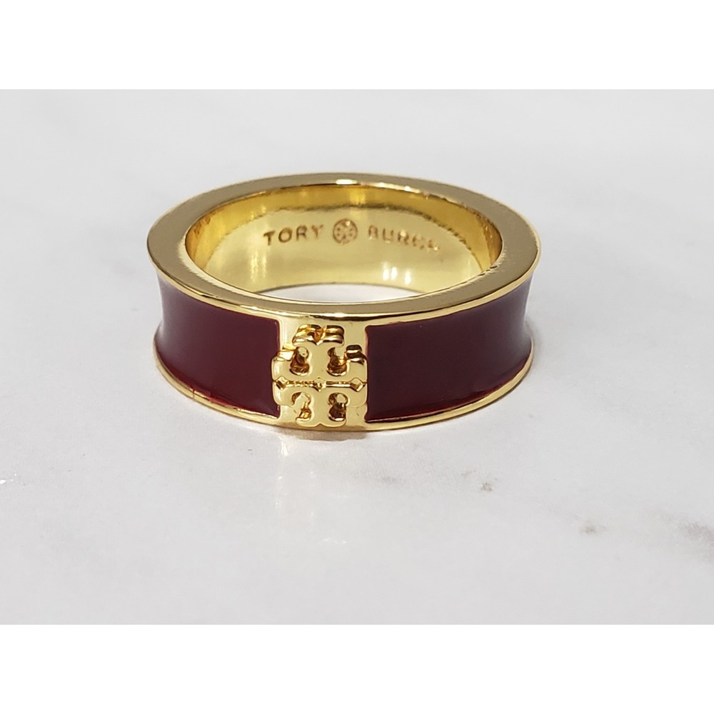 Tory Burch Kira Enamel Ring Burgundy Wine Gold Stackable Band Size 8